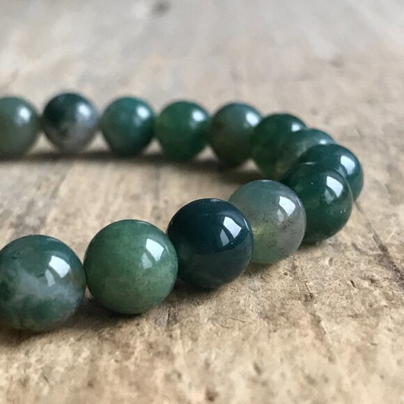 Men's Moss Agate Forest Green Beaded Gemstone Stretch Bracelet - 8mm Beads - Picture 2 of 5